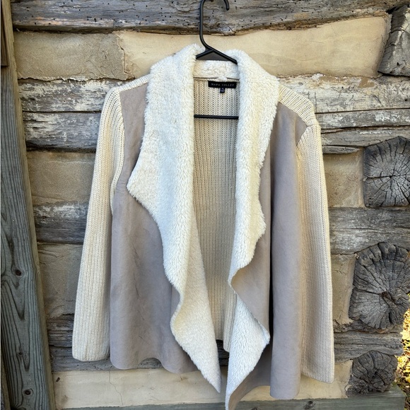 Napa Valley Sweaters - Napa Valley Cream Knit Sweater with Suede and Faux Fleece Open Front Cardigan PL